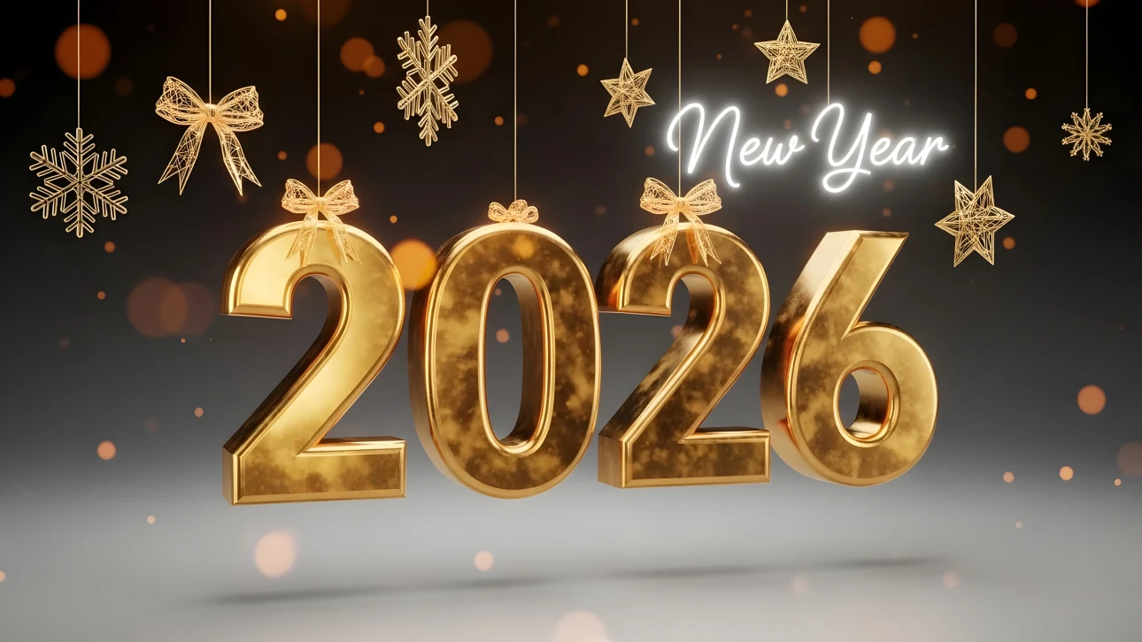Elevate your festive designs with this golden 2026 New Year illustration featuring decorative ornaments. Perfect for high-resolution holiday projects.