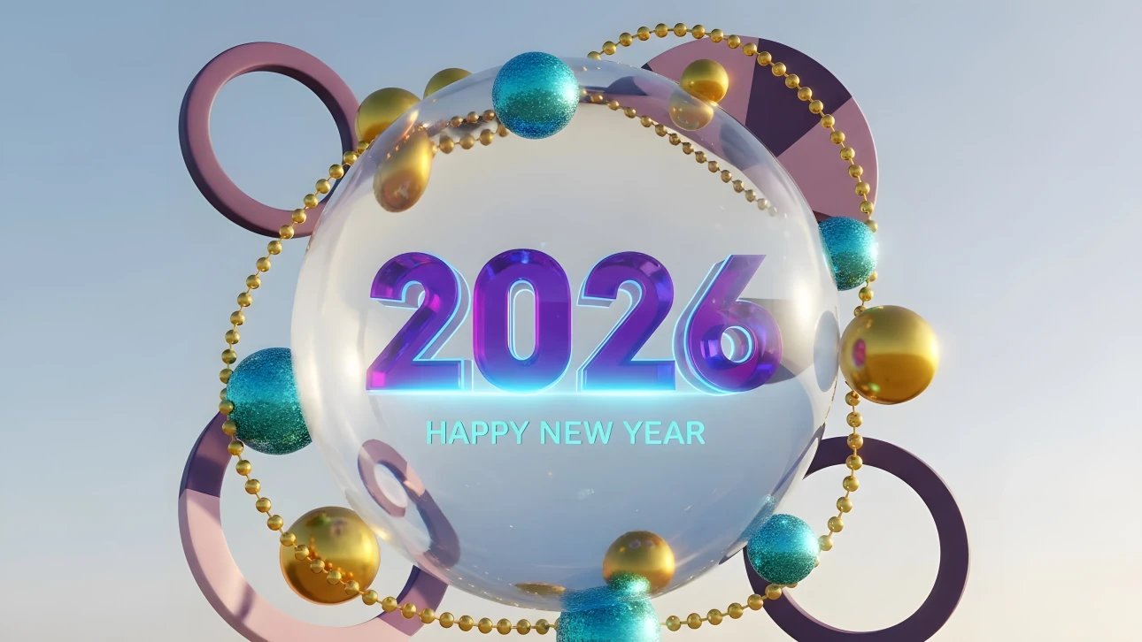 Elevate your holiday designs with this 2026 New Year illustration featuring festive ornaments and rings. Perfect for high-end branding and seasonal campaigns.