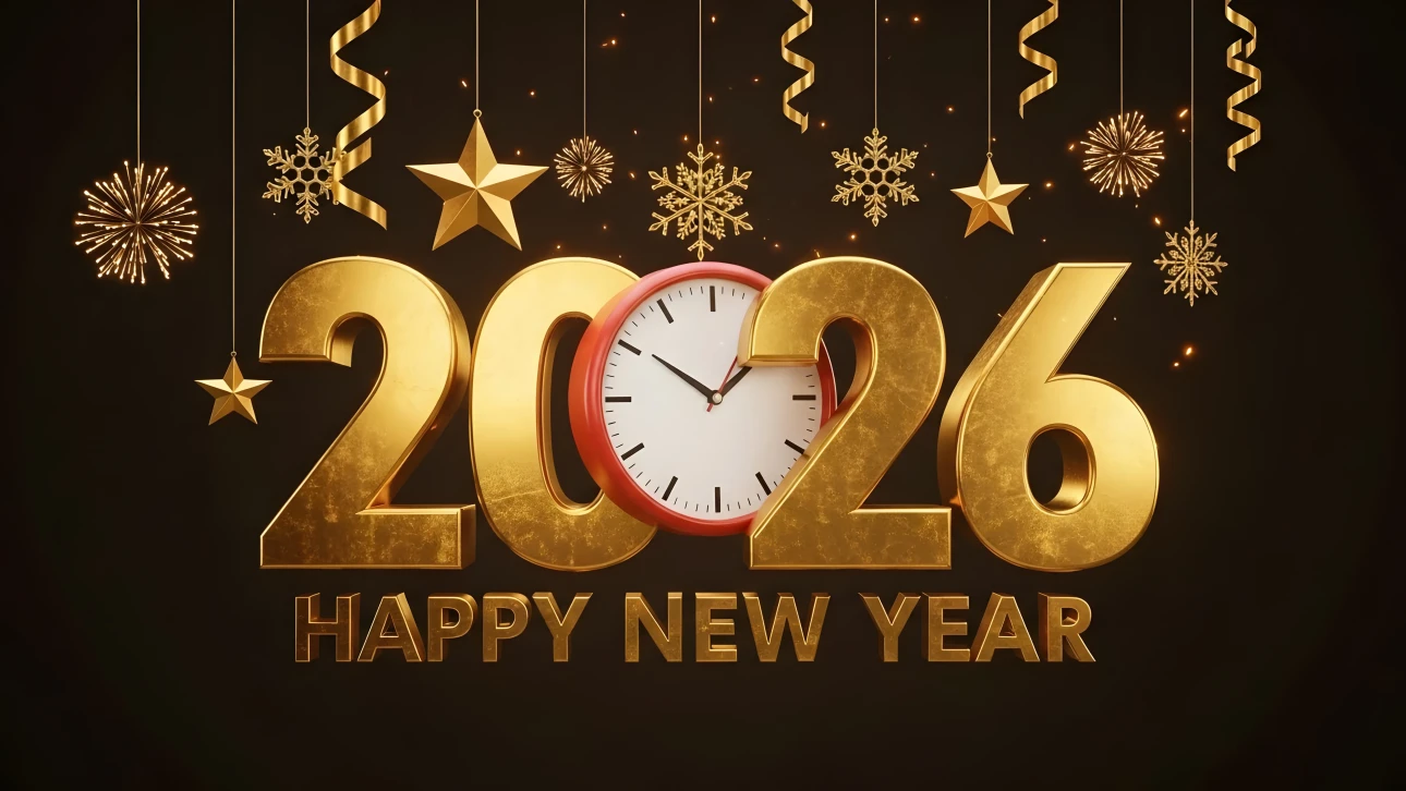 Elevate your designs with this 2026 New Year illustration featuring gold numerals and festive decor. Perfect for creating elegant holiday promotions and greetings.