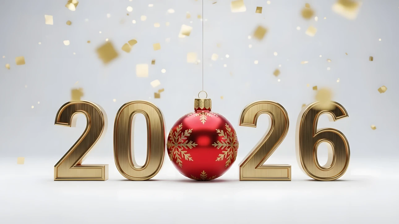 Elevate your holiday designs with this 2026 new year illustration featuring a red ornament. Perfect for high-end seasonal campaigns and digital greetings.