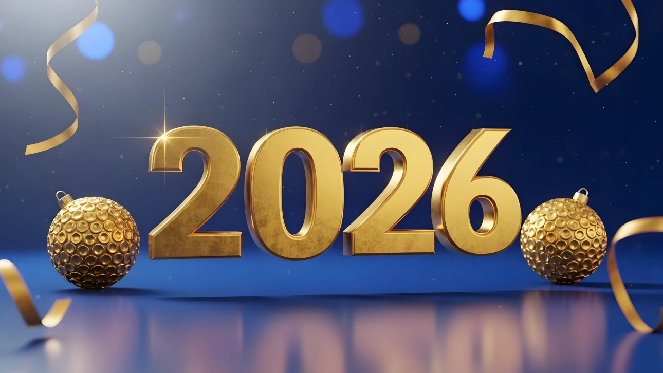 Elevate your designs with this 2026 New Year illustration featuring golden ornaments and ribbons. Perfect for festive season marketing materials.