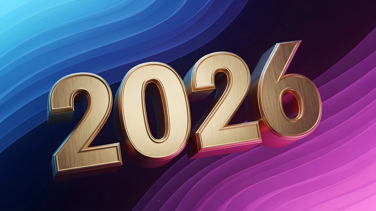 Elevate your designs with this striking 2026 illustration, featuring a luxurious gold finish against a vibrant gradient backdrop. Perfect for high-end branding.