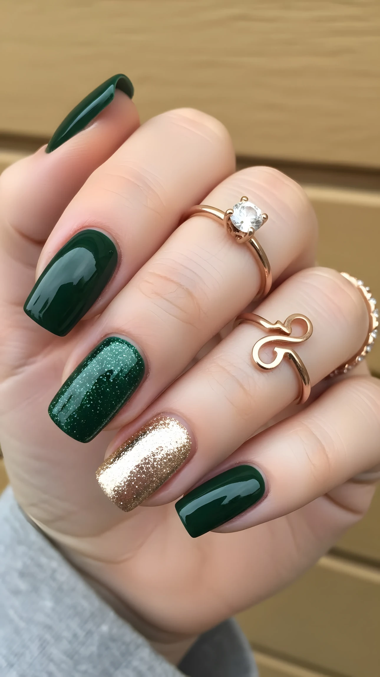 Hand with emerald green and gold glitter manicure, featuring rose gold rings, including a solitaire diamond ring.