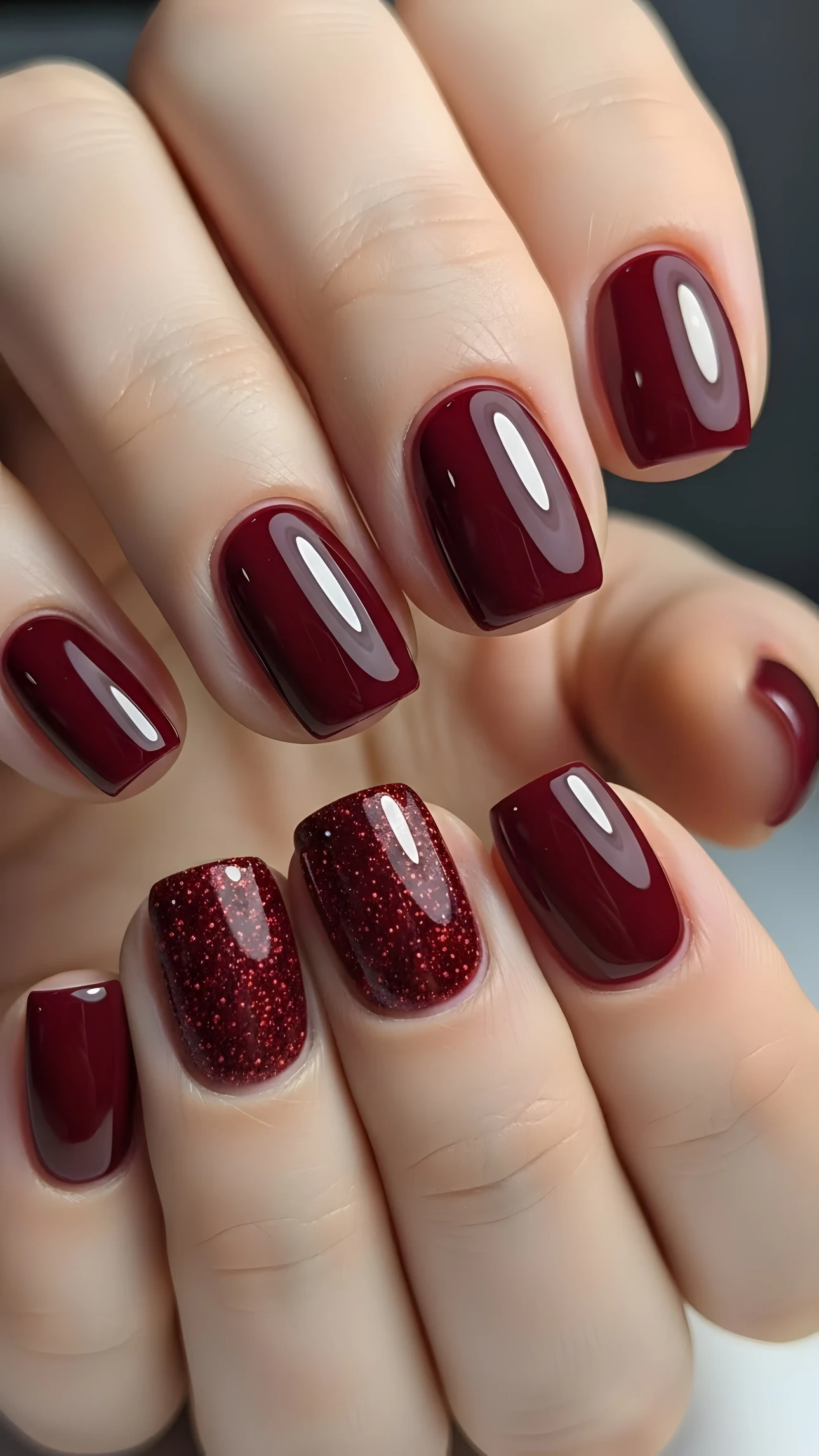 Close-up of a woman's hand with a glossy burgundy manicure and glitter accent nails, reflecting soft studio lighting.