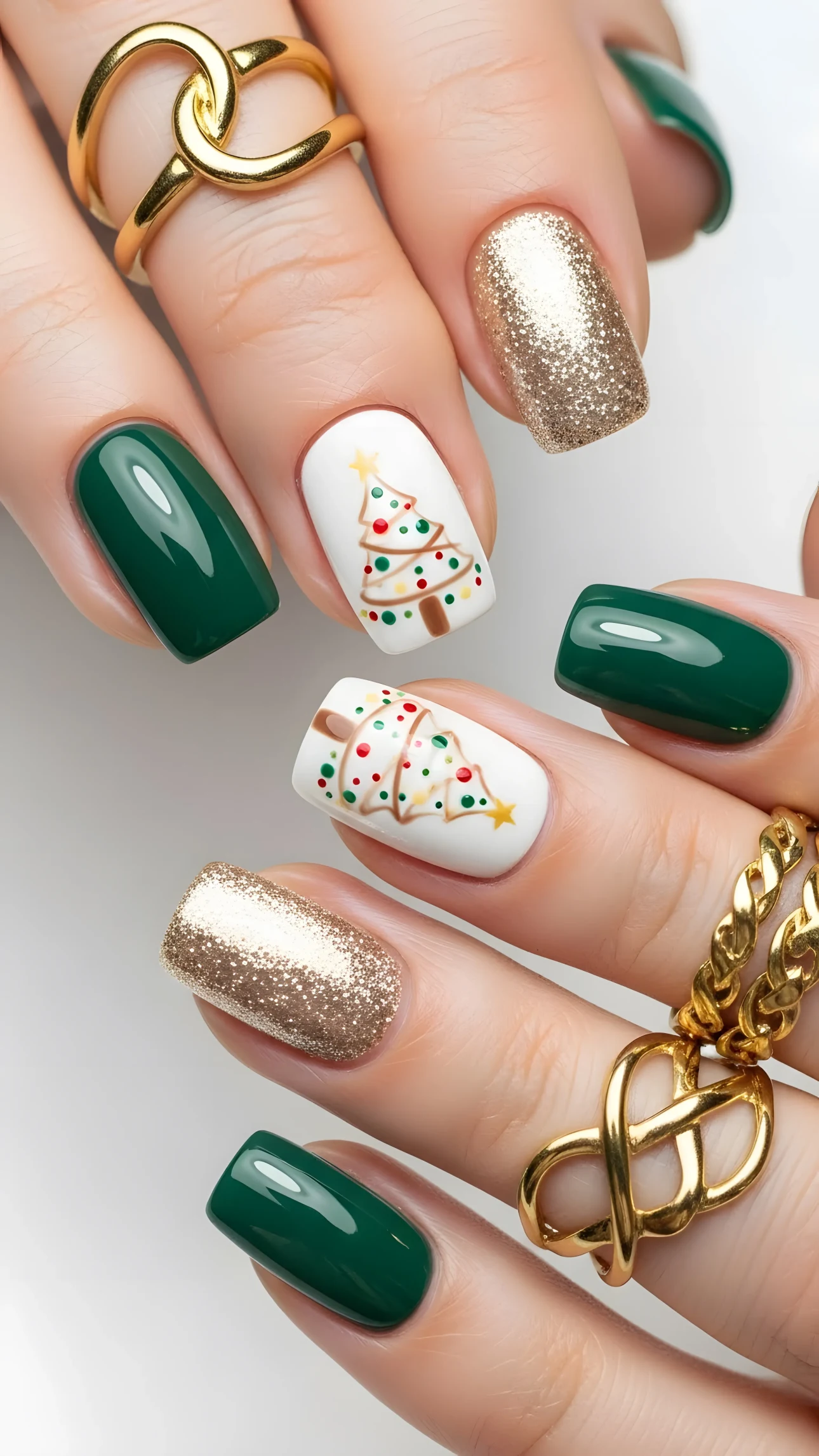 Close-up of Christmas nail art featuring green polish, gold glitter, and festive tree designs on a manicured hand.