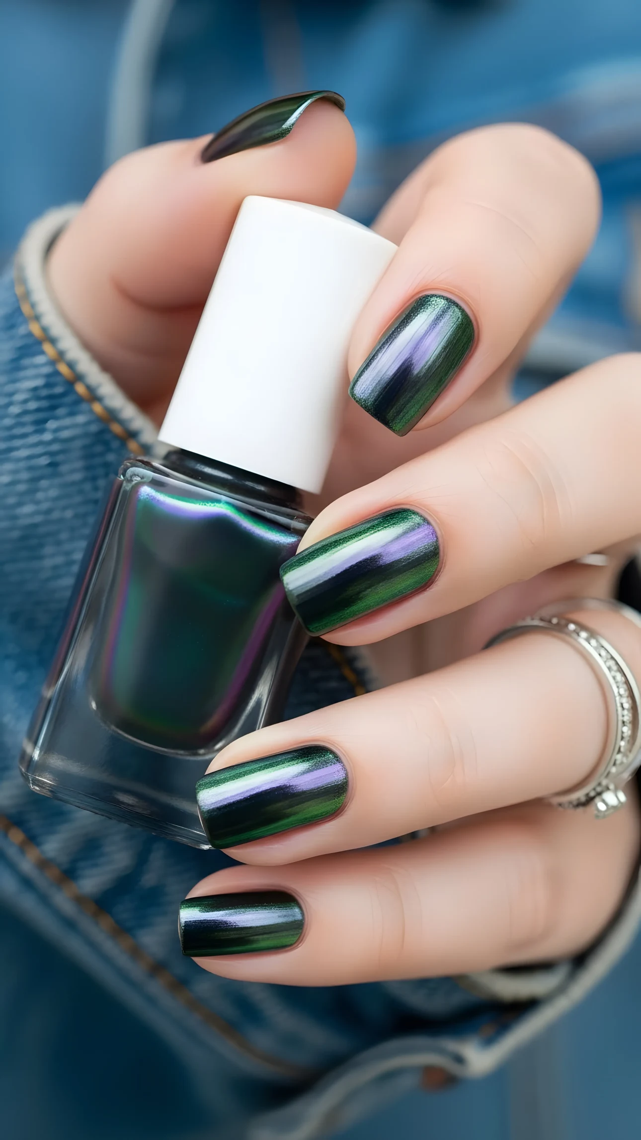 Woman's hand holding iridescent green and purple nail polish bottle, showcasing polished nails with a holographic effect.