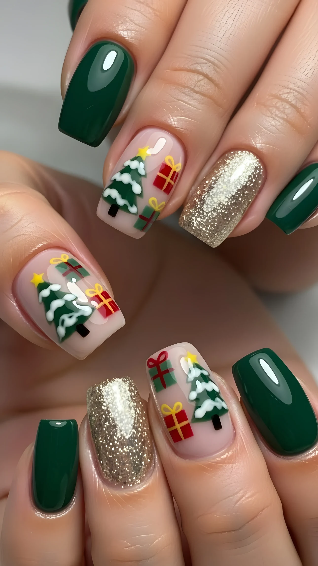 Close-up of Christmas nail art featuring miniature trees, gift boxes, and gold glitter accents on manicured nails.