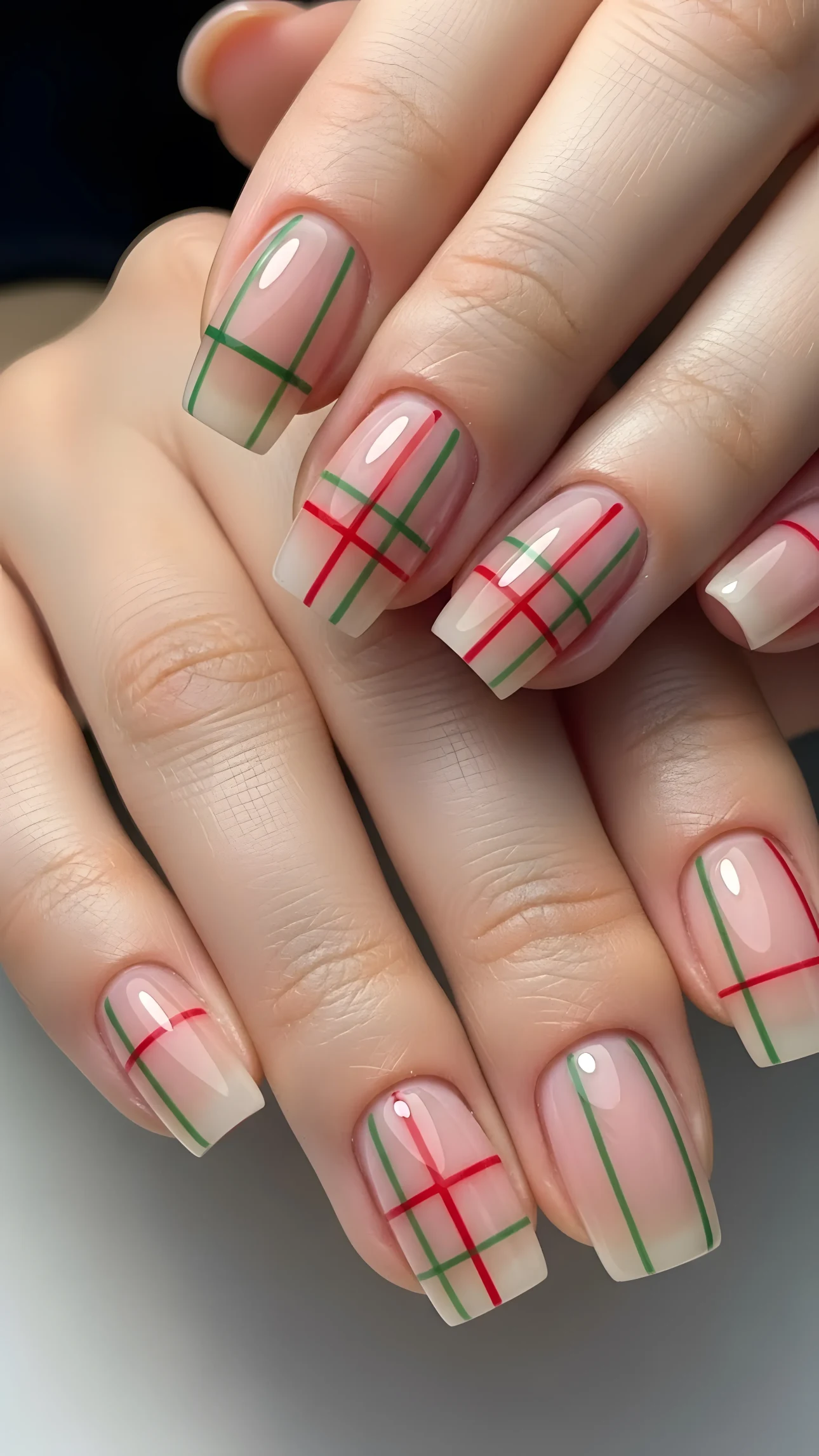Hands with pale pink nails featuring a red and green plaid design, perfect for holiday beauty inspiration.