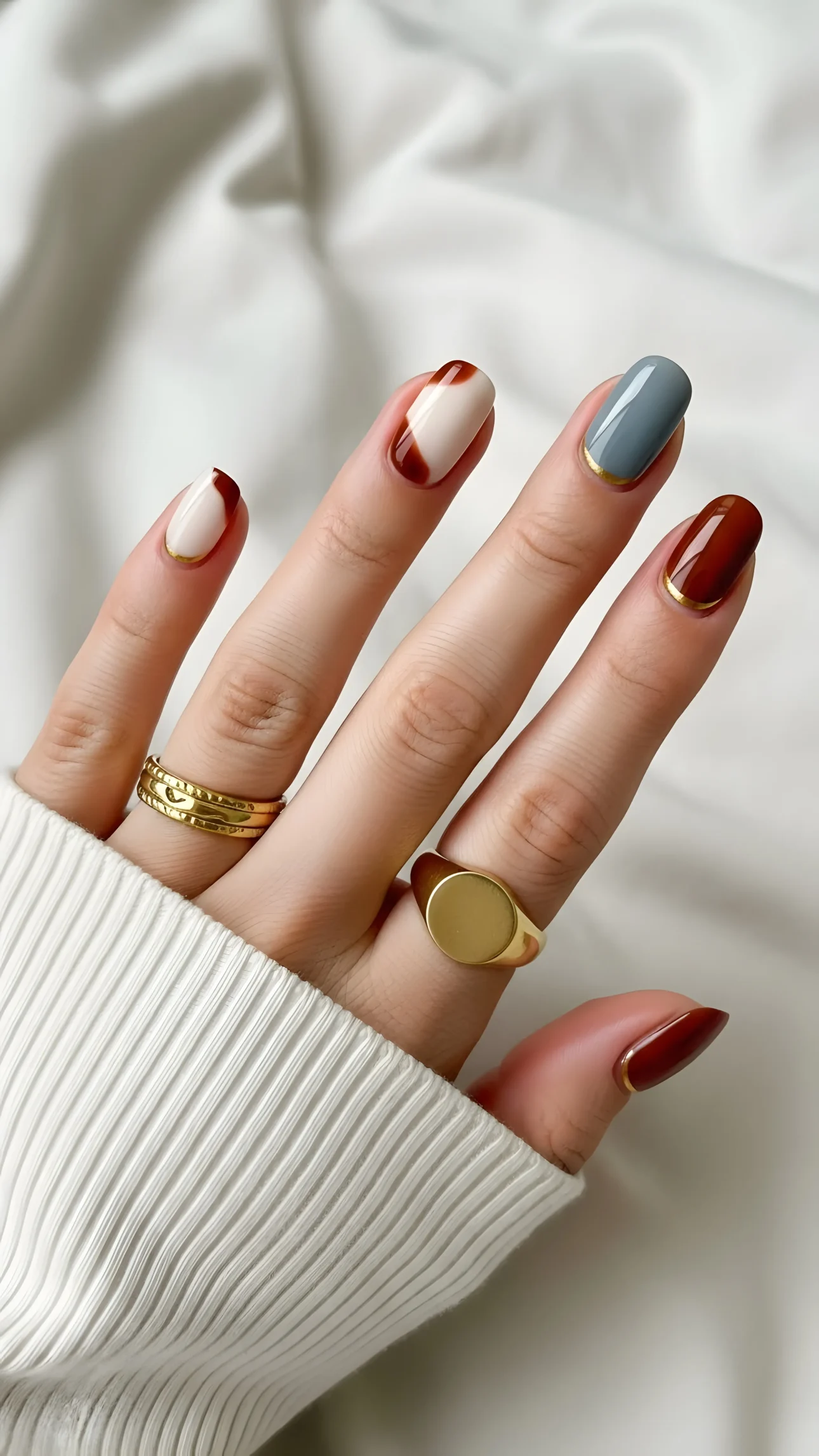 Woman's hand with modern nail art in neutral tones and gold rings on a textured white fabric background.