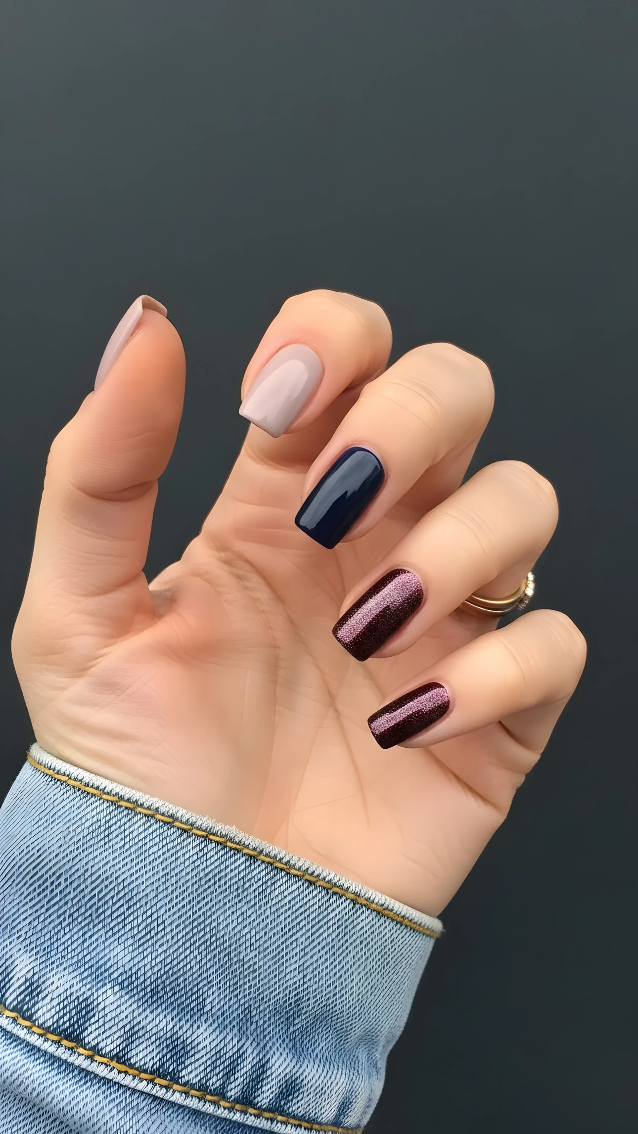 Hand with stylish nail polish featuring neutral beige, dark blue, and burgundy glitter colors against a dark background.