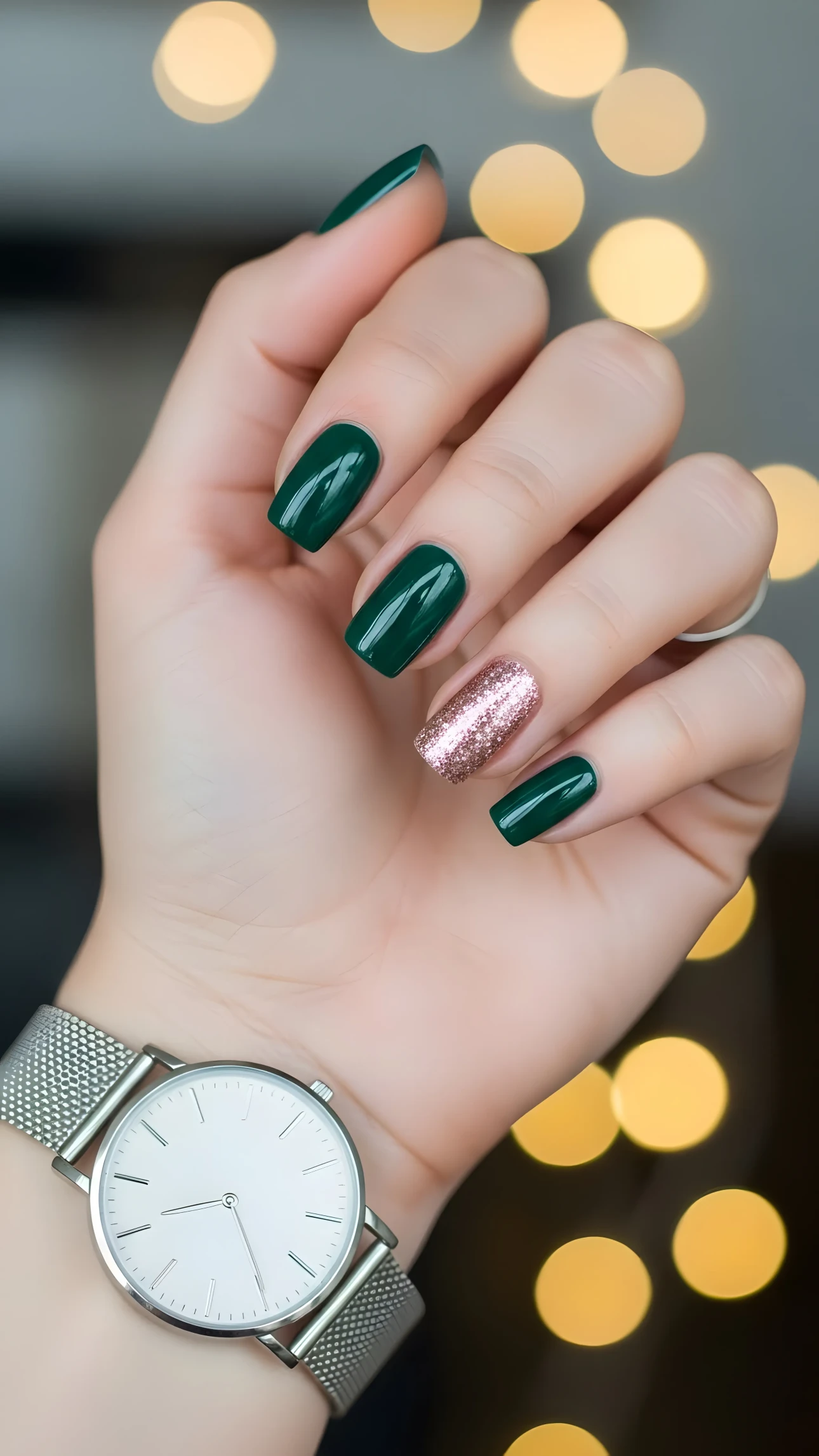 Woman's hand with emerald green and rose gold glitter nails, wearing a silver watch against a bokeh light background.