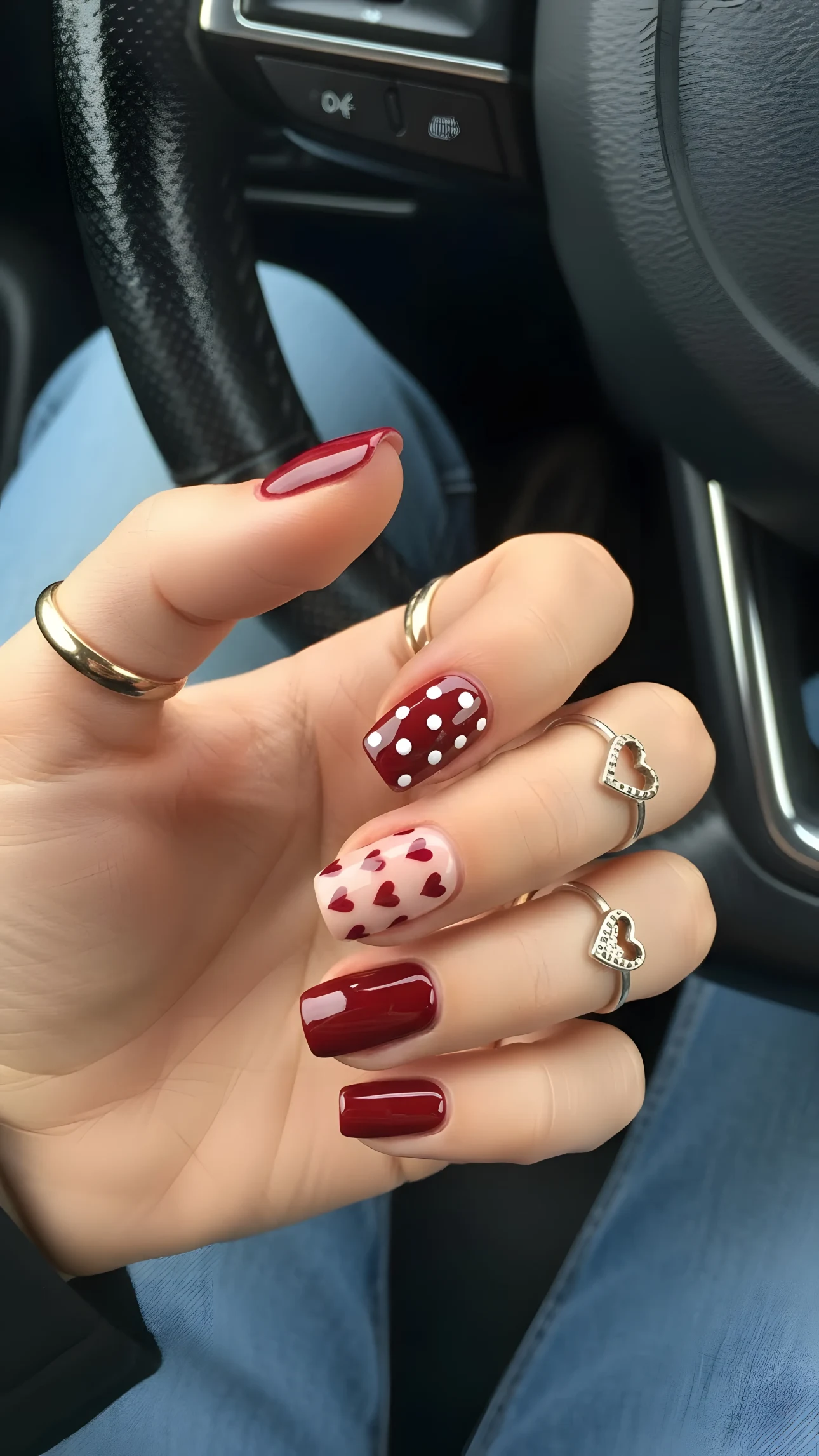 Hand with burgundy manicure featuring hearts and polka dots, styled with gold and silver rings against a car interior backdrop.