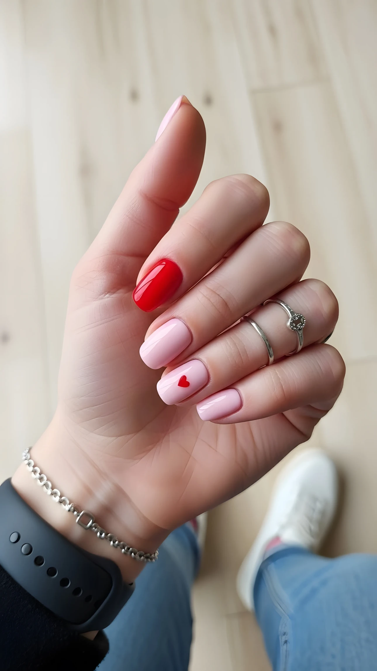 Hand with pink and red manicure featuring a heart design, silver ring, and bracelet on a neutral background.