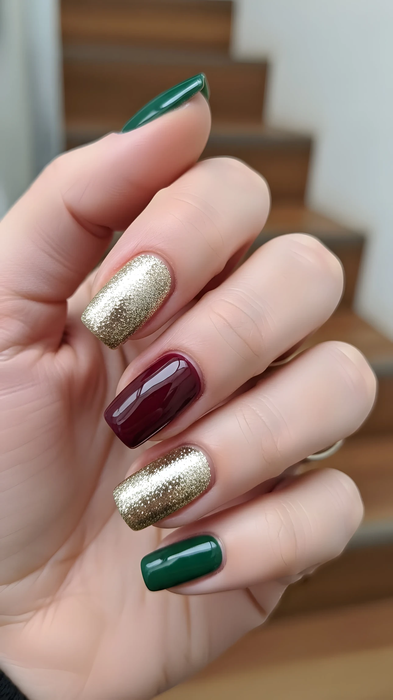 Hand showcasing green, gold glitter, and burgundy nail polish against a blurred background, perfect for beauty and fashion projects.