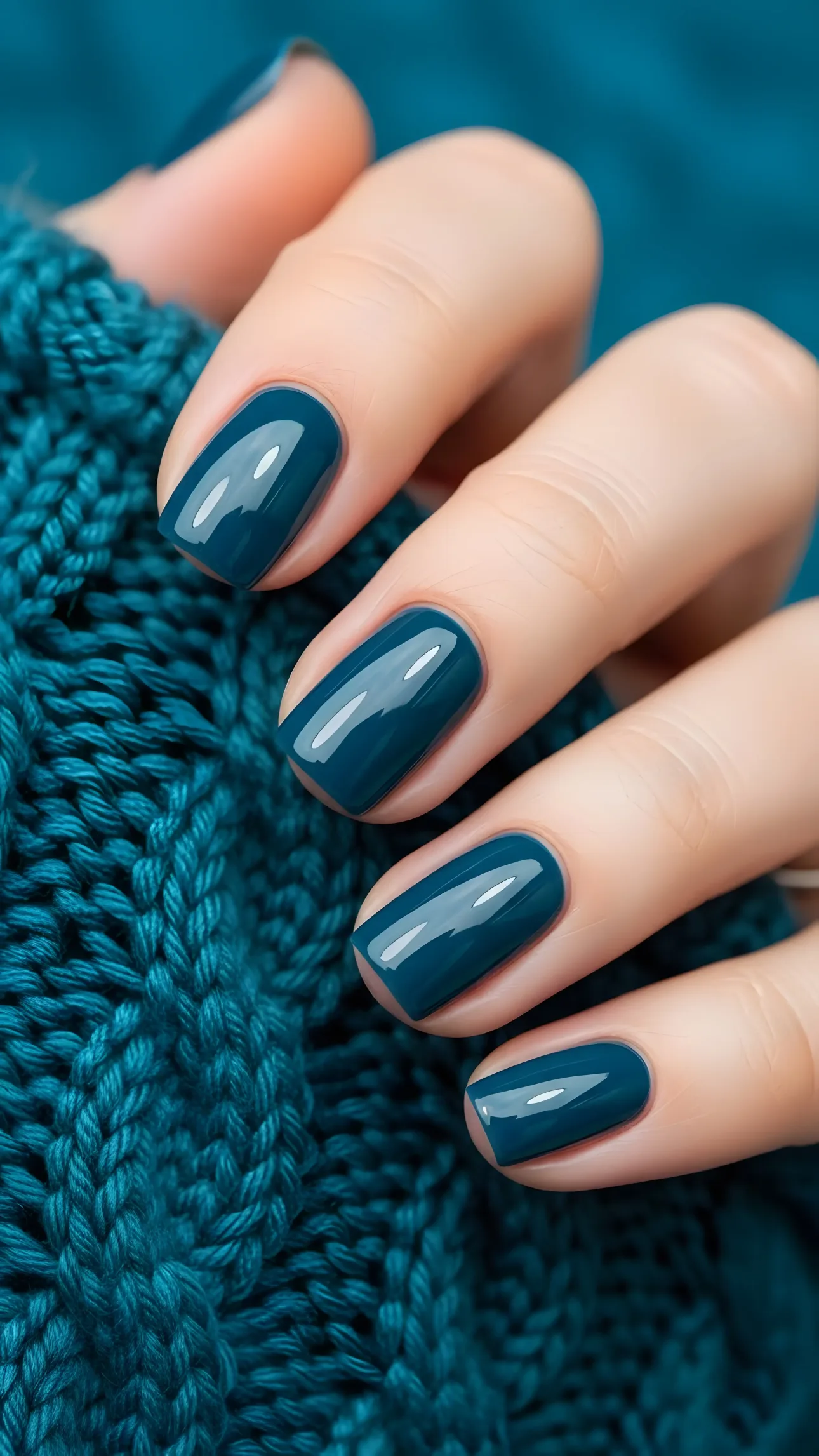 Hand with teal nail polish resting on matching teal knit fabric, showcasing a monochromatic beauty aesthetic.