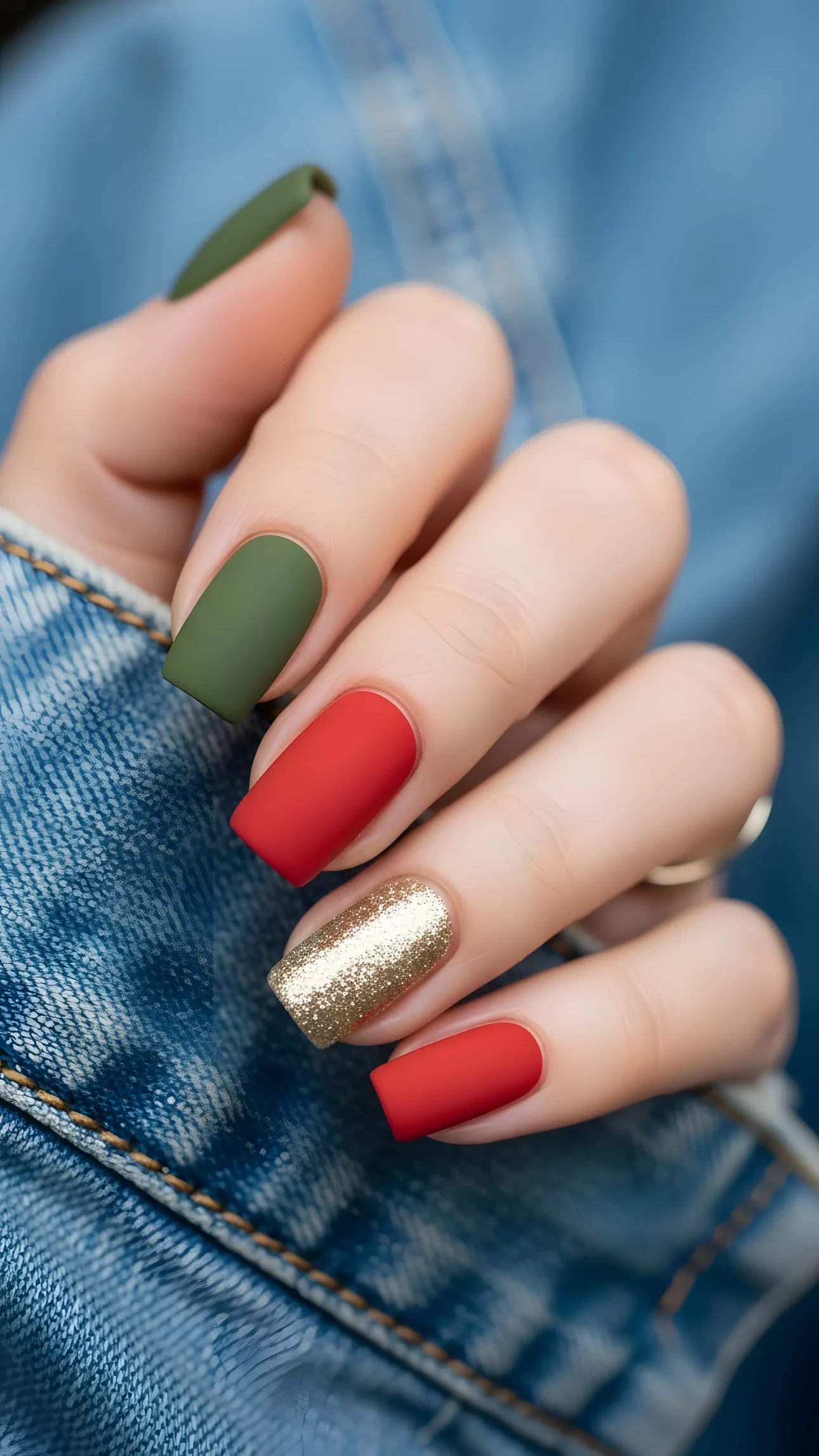 Close-up of a woman's hand with matte olive, red, and gold nails resting on a textured denim background.