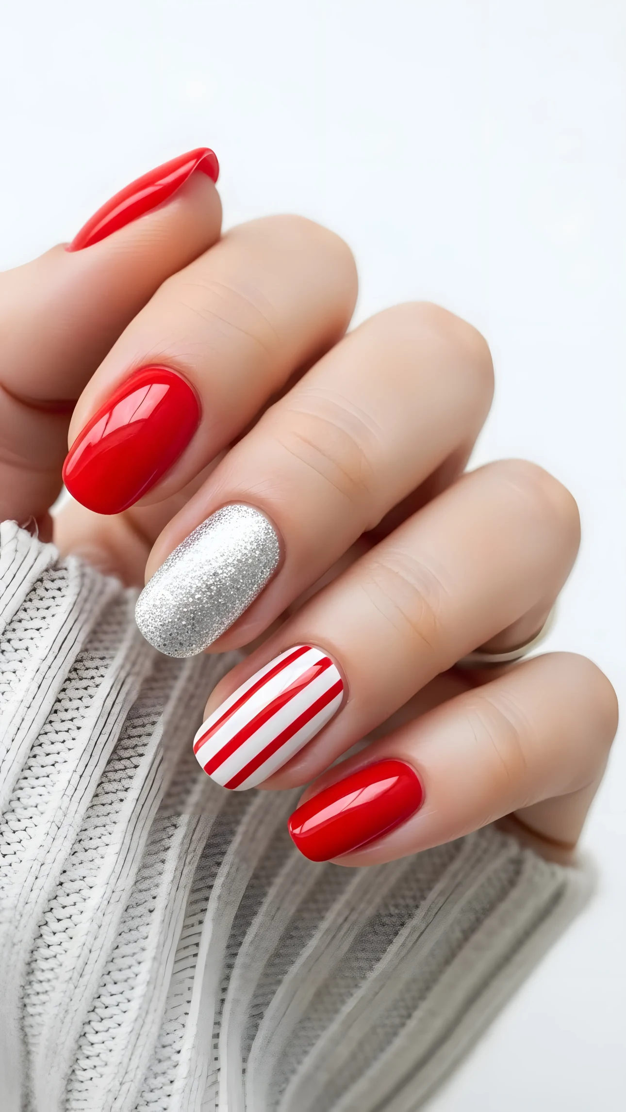 ernating red and white stripes that evoke a sense of holiday cheer. The hand rests gently on a soft, knitted fabric, providing a textural contrast that enhances the overall aesthetic. The neutral tone of the fabric allows the vibrant nail colors to pop, creating a balanced and harmonious composition. The lighting is soft and diffused, highlighting the details of the nail art and the texture of the fabric. The overall mood is one of refined elegance and festive joy, making it a versatile asset for a wide range of creative projects.