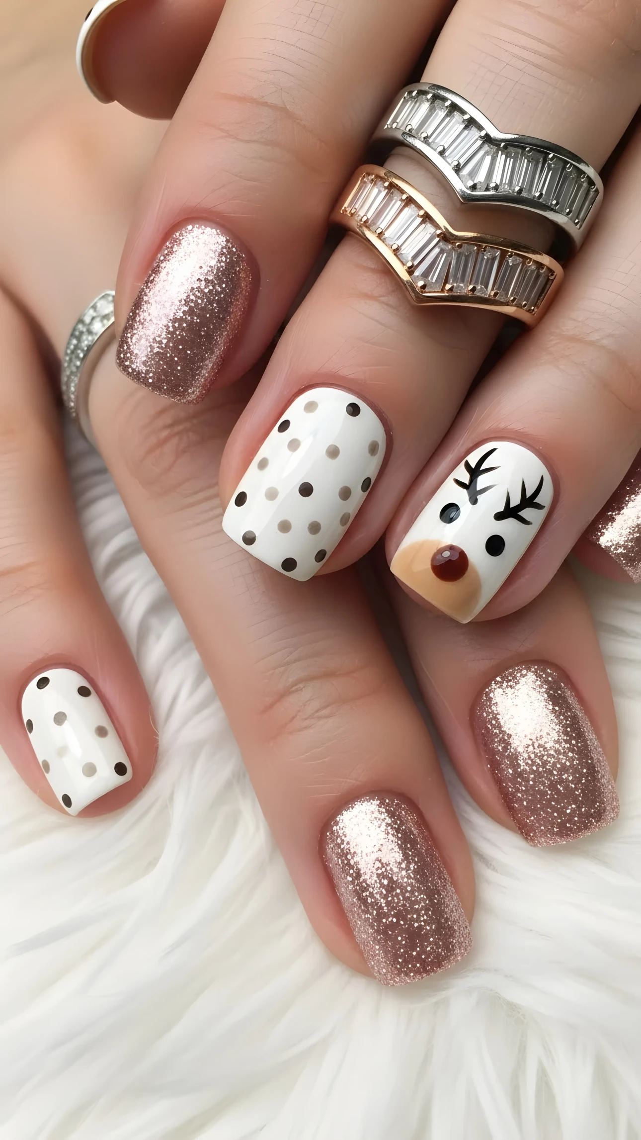 Close-up of a hand with festive nail art featuring reindeer, glitter, and polka dots, perfect for the holiday season.