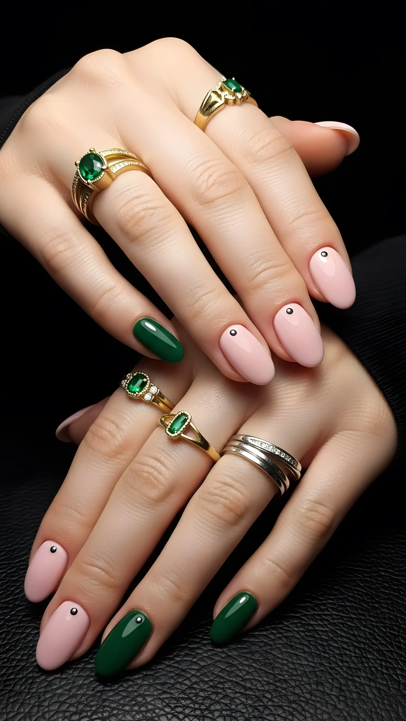 Hands with emerald rings and pink and green nail art against a black background.