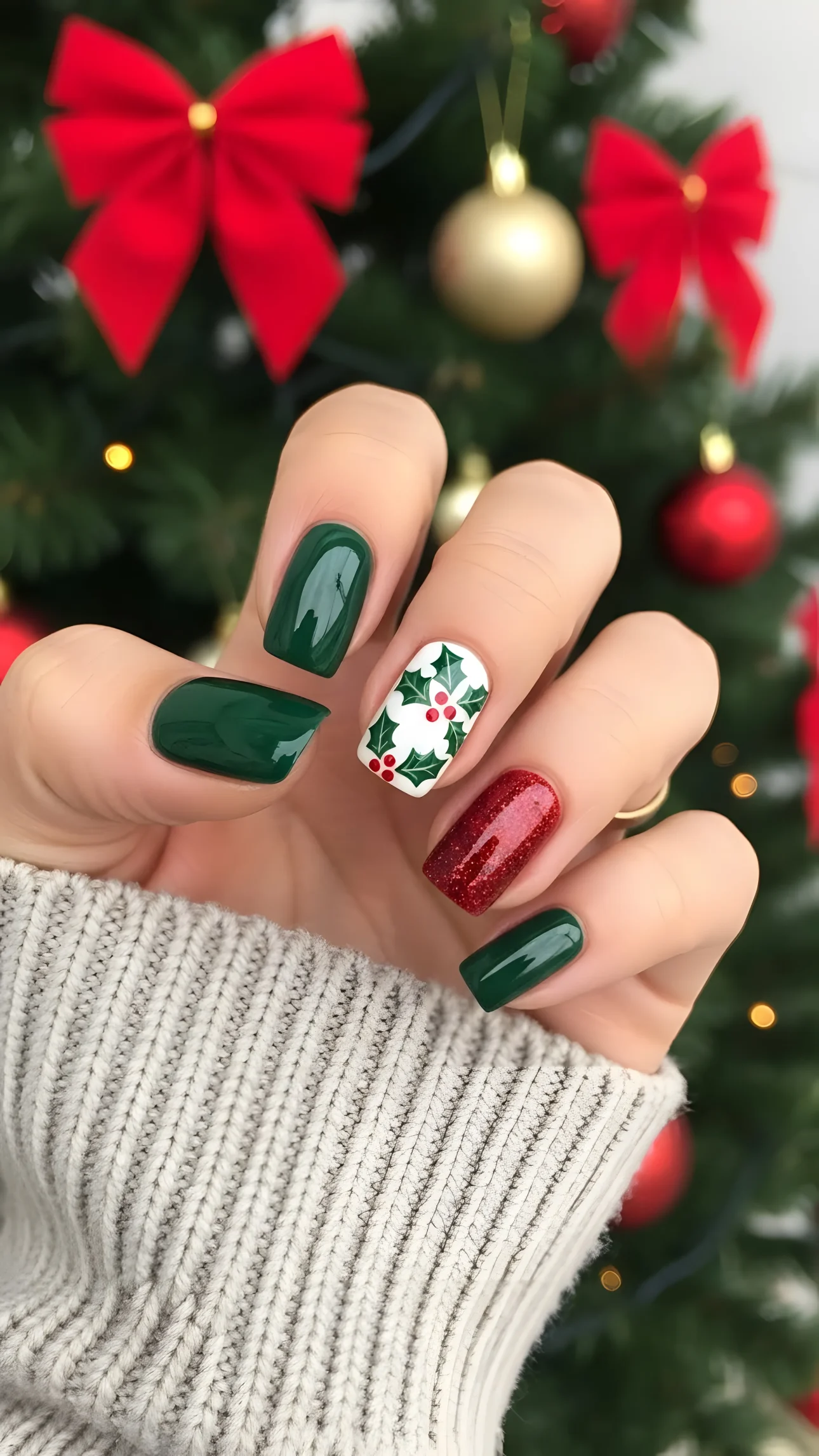 A woman's hand displays a Christmas manicure with holly design and red glitter polish against a blurred Christmas tree.