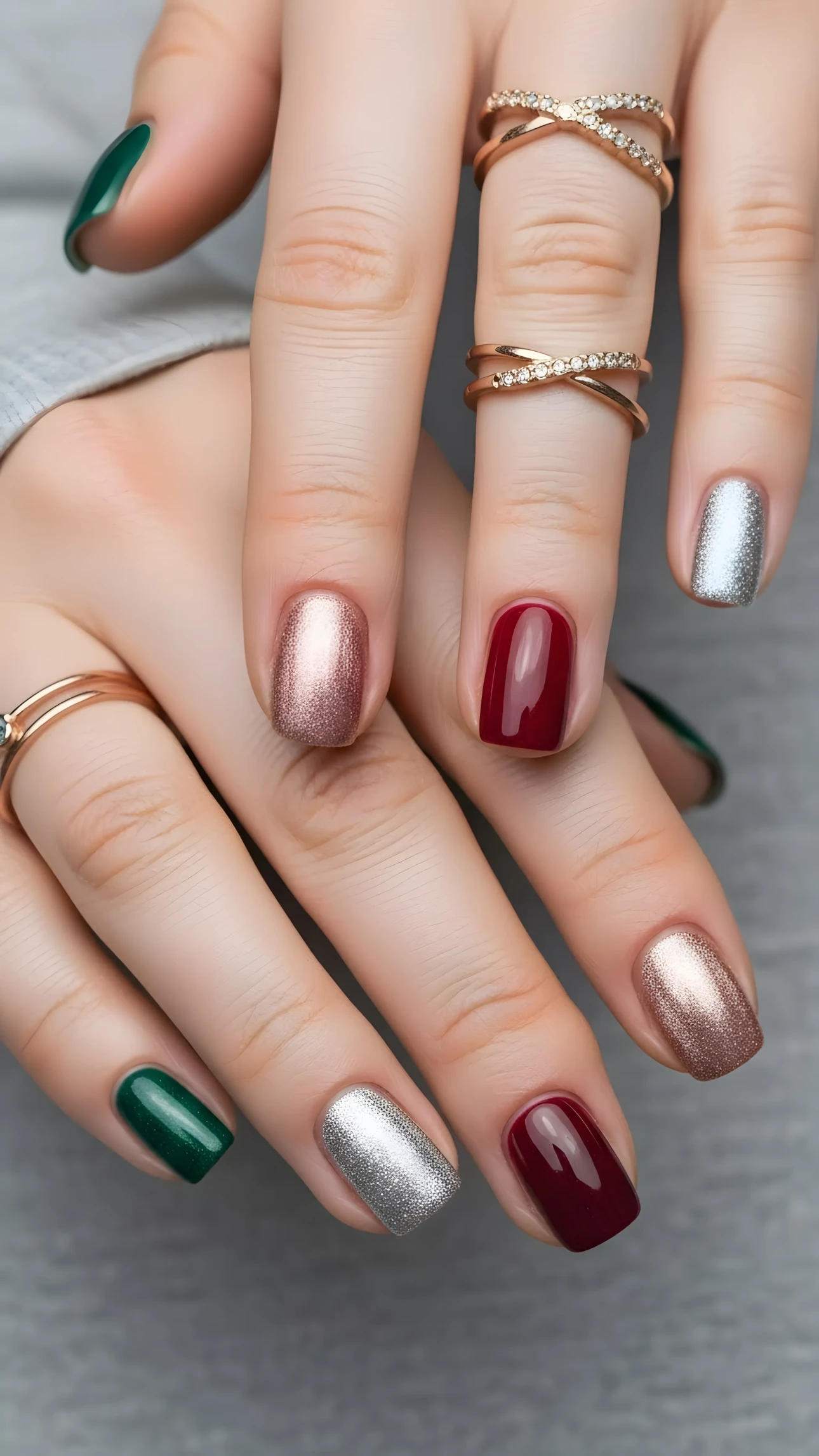 Hands with emerald, ruby, silver, and rose gold nail polish, adorned with elegant gold rings, in soft studio lighting.