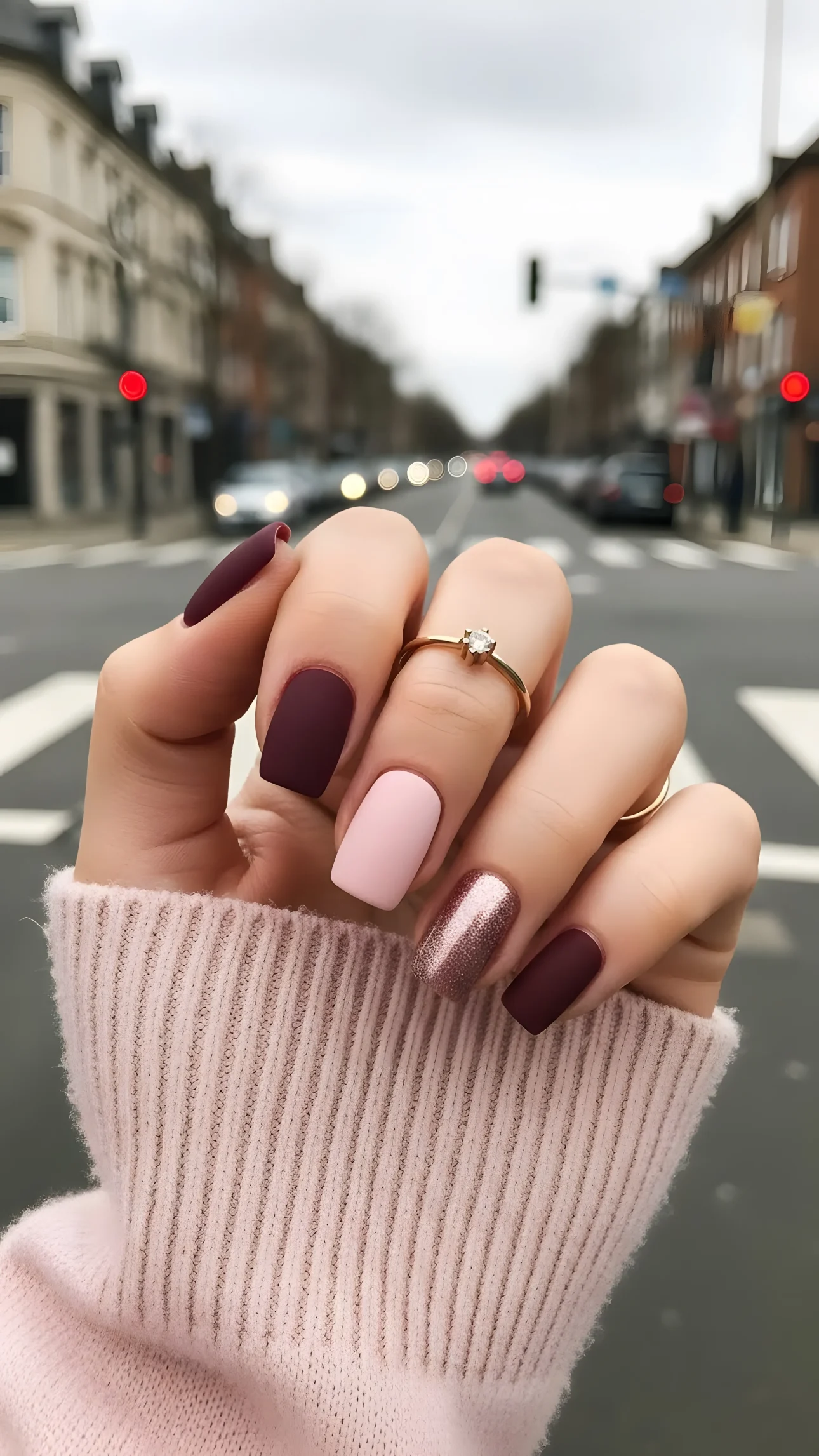 Woman's hand with burgundy, pink, and glitter manicure, wearing a gold ring, against a blurred city street background.