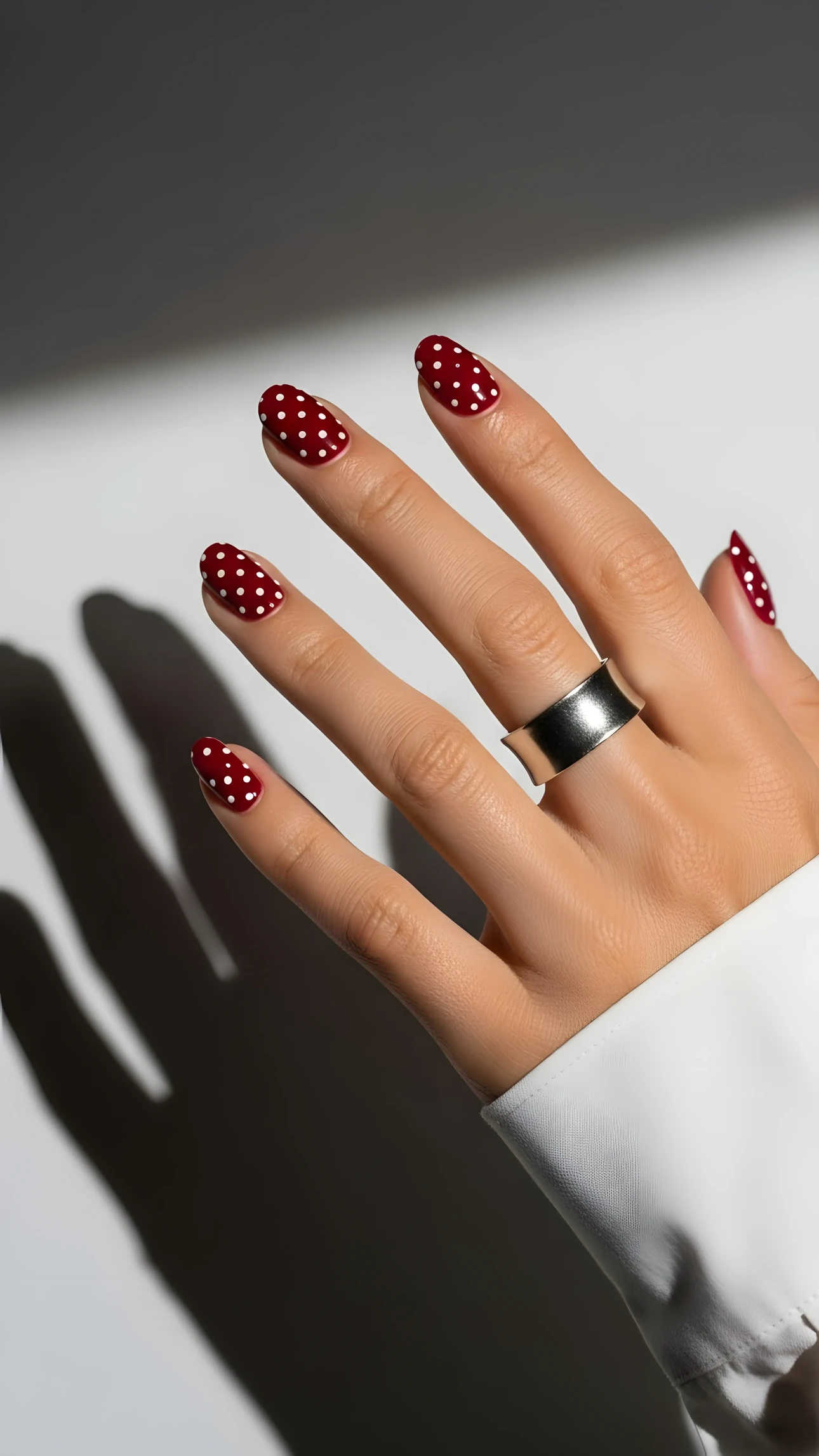 Woman's hand with red polka dot nails and silver ring on white background with shadows, wearing a white shirt.