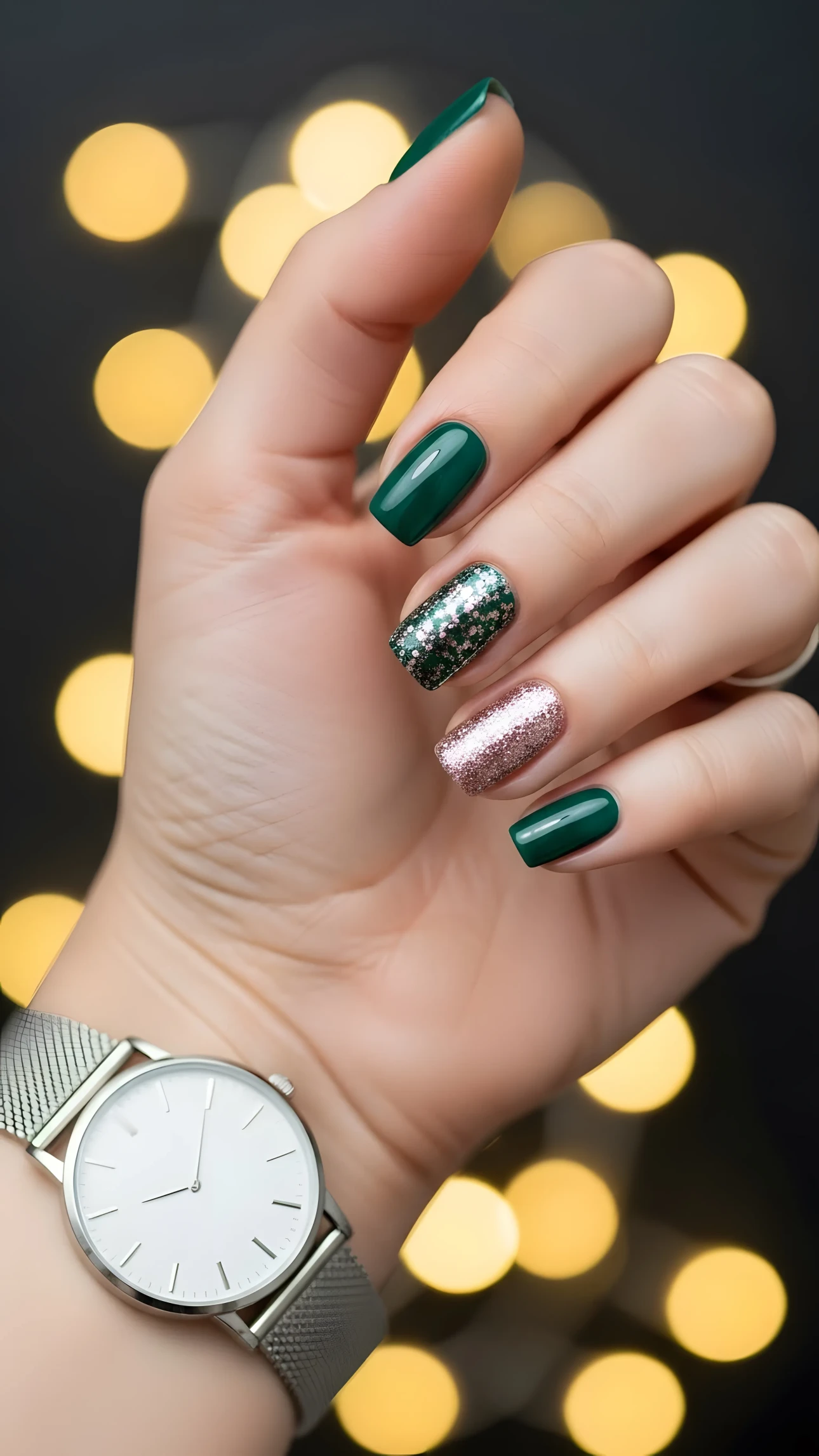 Hand with emerald green, silver, and rose gold glitter nails, wearing a silver mesh watch against a bokeh light background.