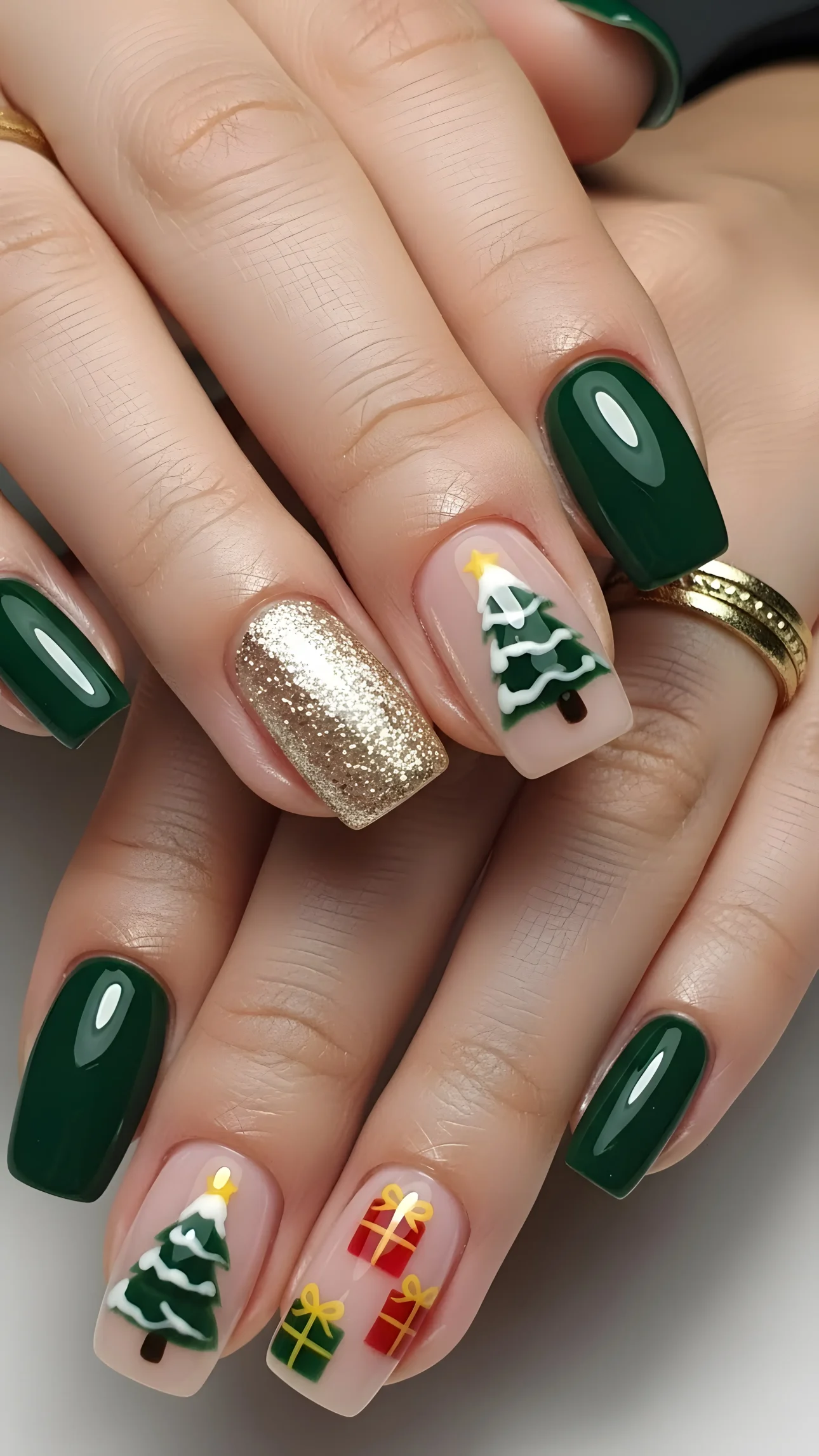 Woman's hands with emerald green, gold glitter, and Christmas tree/gift nail art designs, perfect for holiday beauty inspiration.