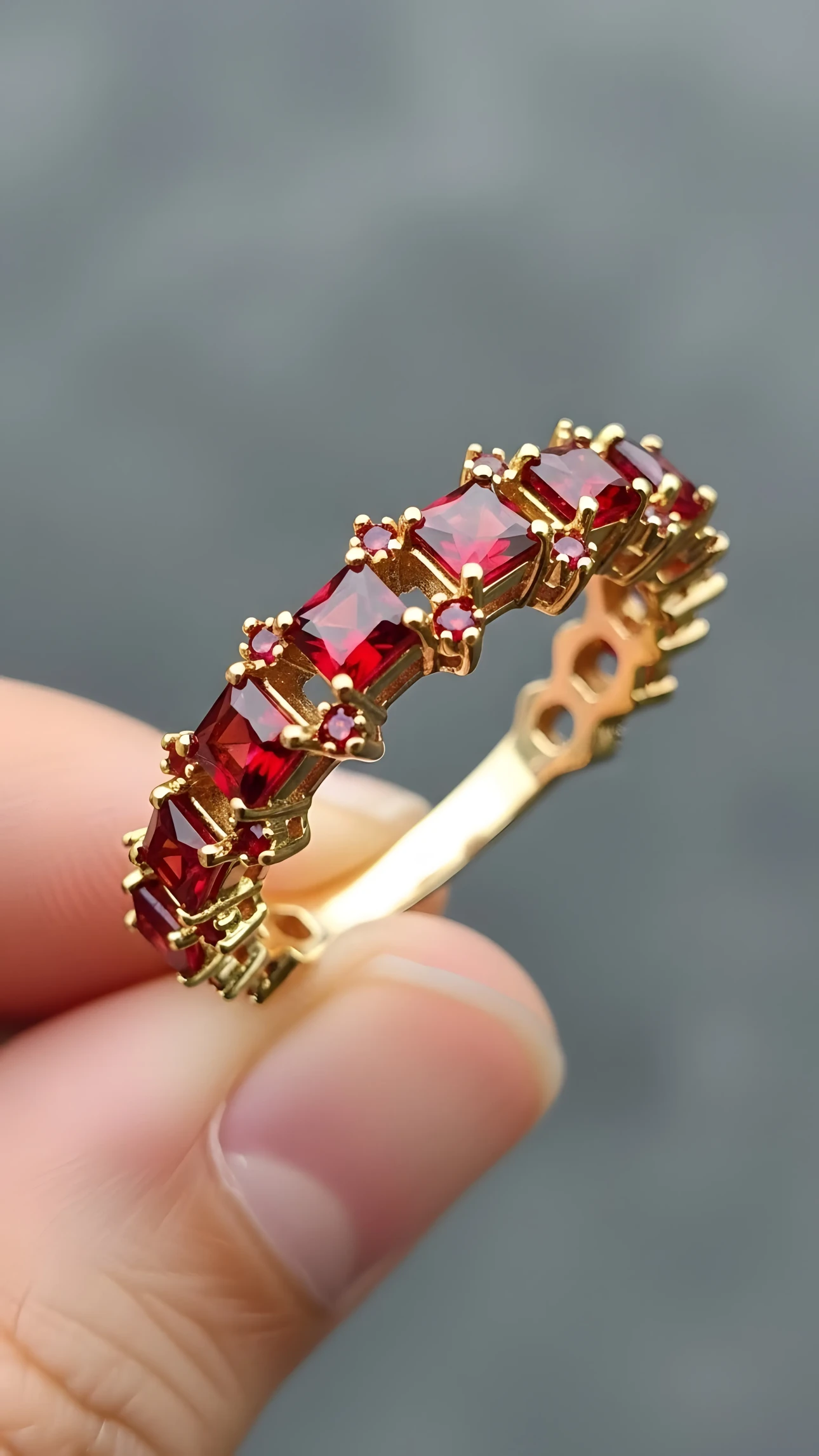 A golden ring featuring square red garnets is held delicately in a hand against a soft gray background, showcasing its elegant design.