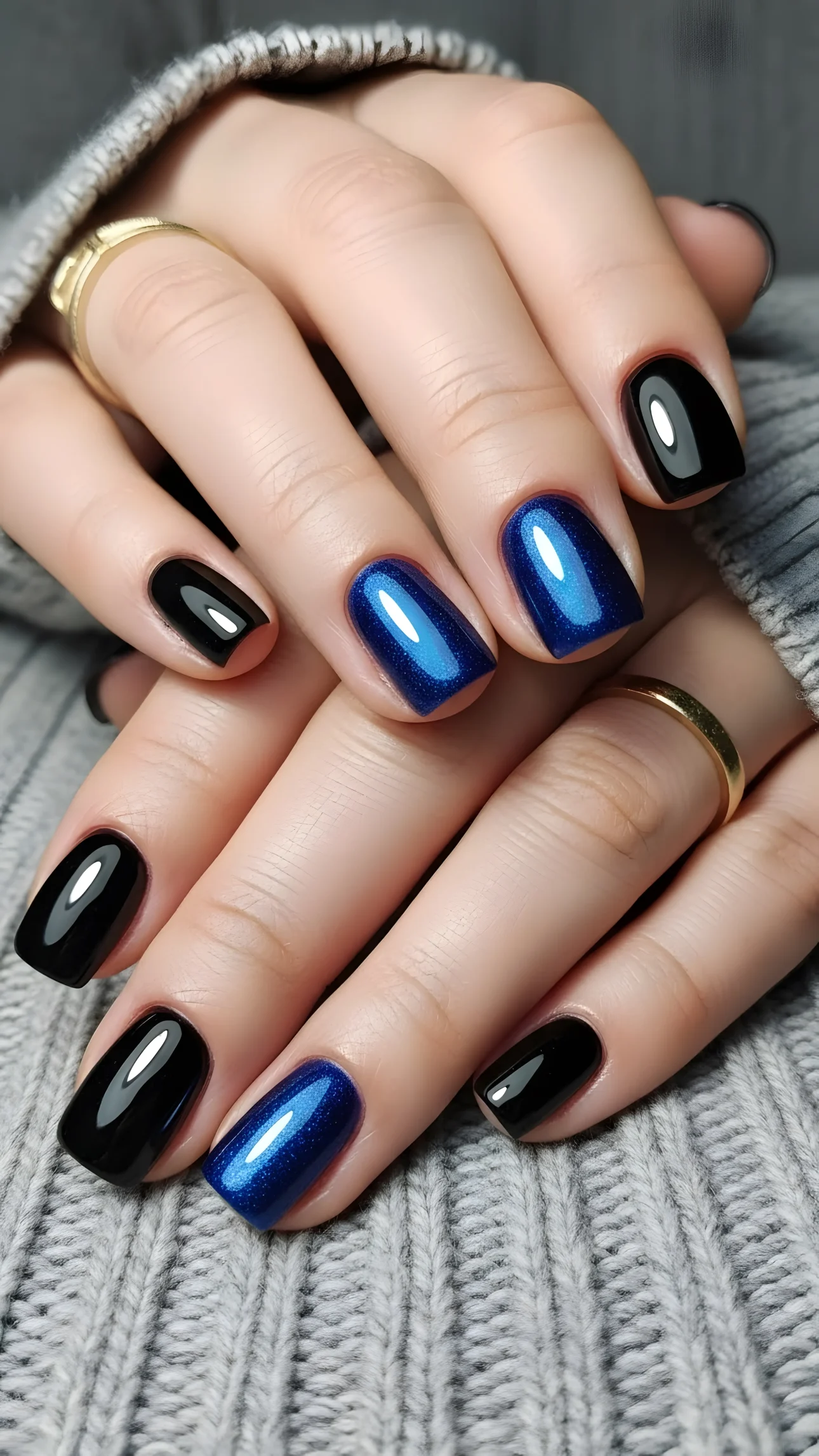 Close-up of hands with black and blue glossy manicure resting on a gray knitted sweater.