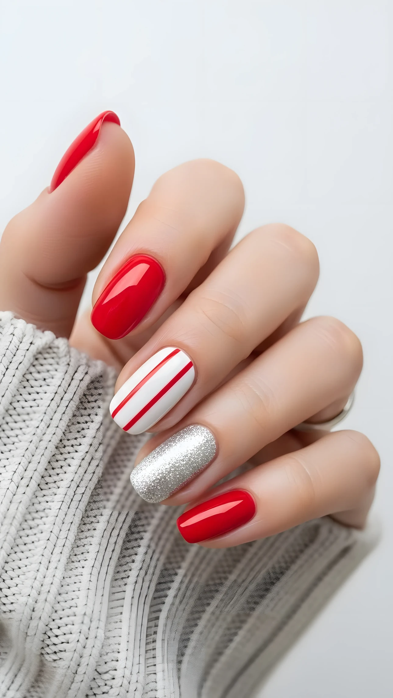 Hand with red, white striped, and silver glitter nail art against a soft gray knitted sweater.