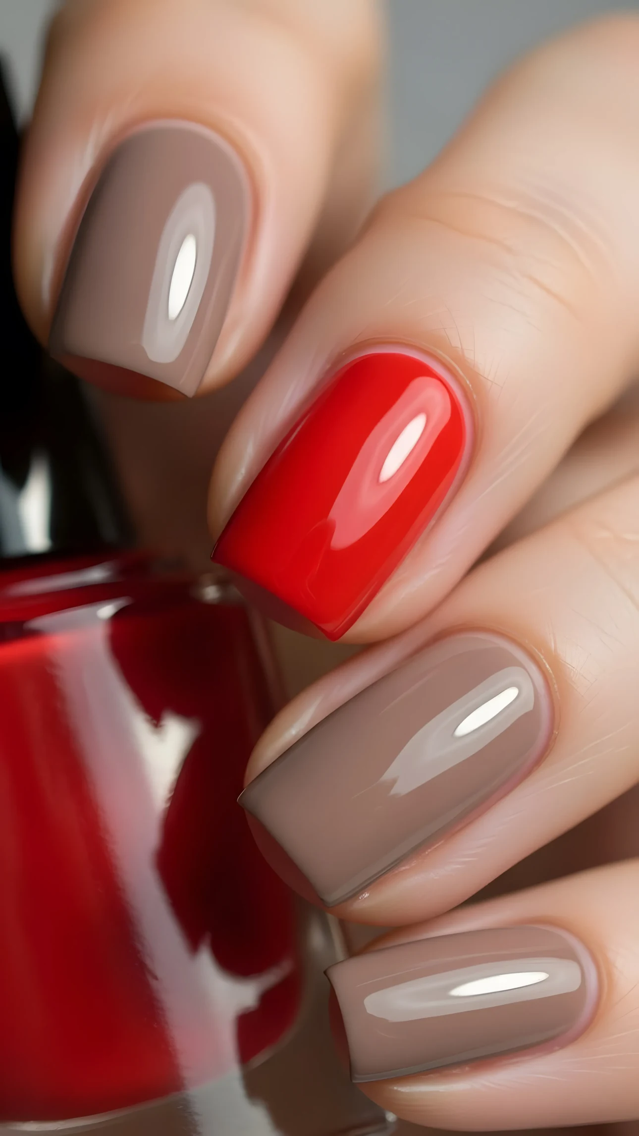 Close-up of manicured hand with red and taupe nail polish, glossy finish, reflecting light, modern beauty aesthetic.