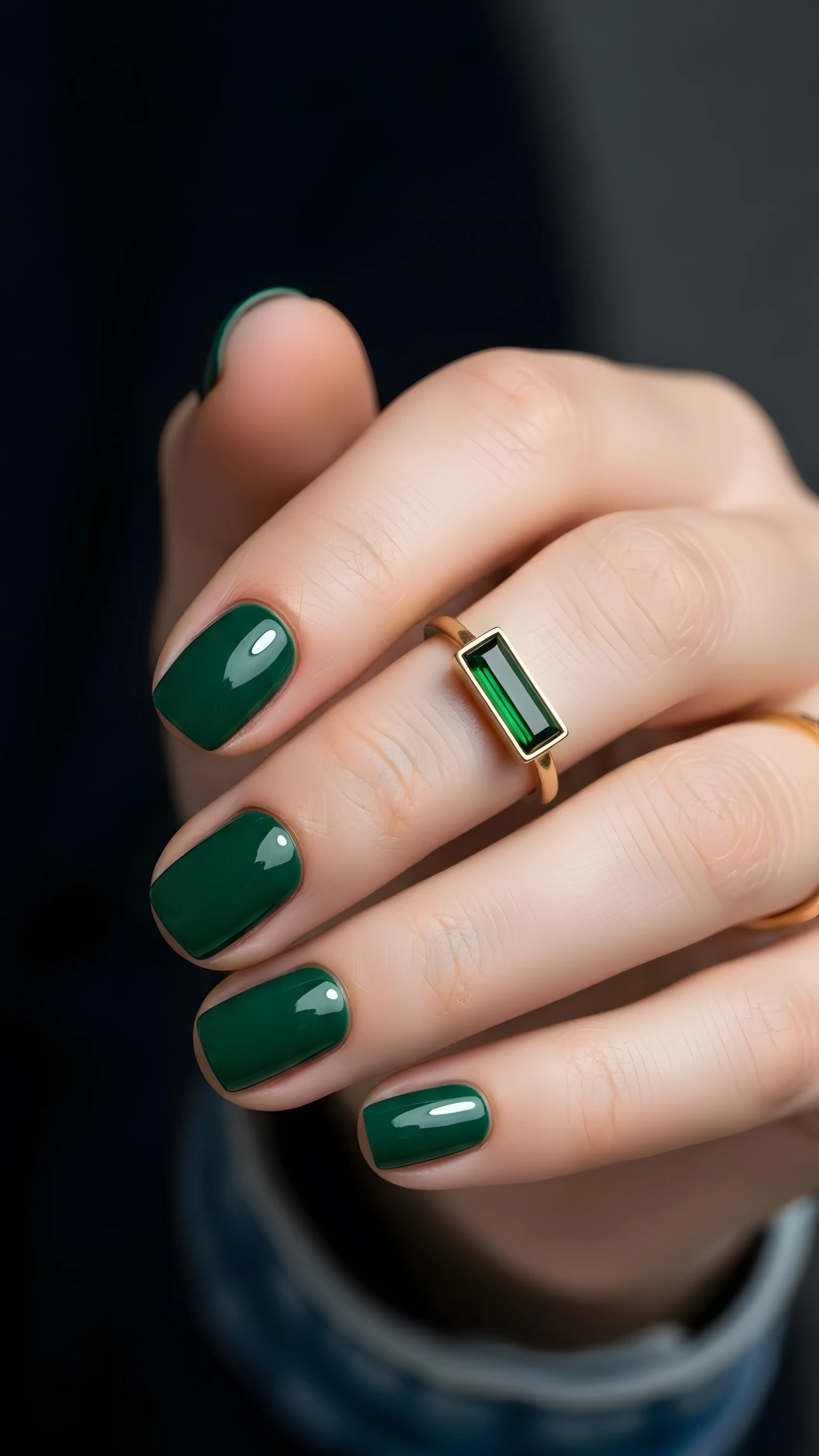 Hand with dark green manicure and modern emerald ring against a blurred, dark background in studio lighting.