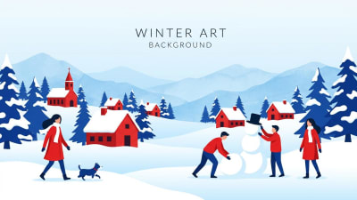 Charming Winter Village Illustration Snowman Fun & Snowy Landscape Vector