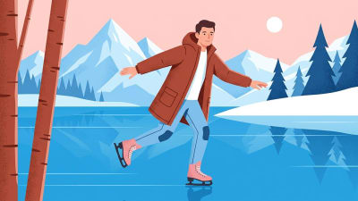 Man Ice Skating on Frozen Lake  Winter Sports Vector Illustration