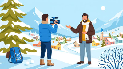 Winter Video Production Filmmaker Recording Presenter in Snowy Village