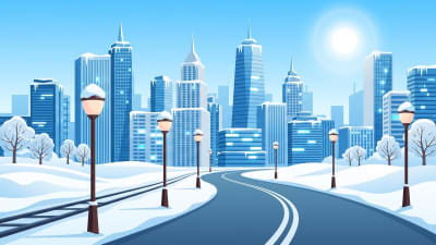 Winter Cityscape View Modern Skyscrapers and Snowy Road Illustration