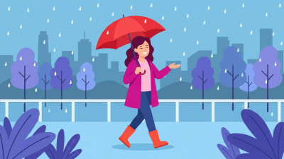 Happy Girl Walking in the Rain with Red Umbrella Vector Illustration