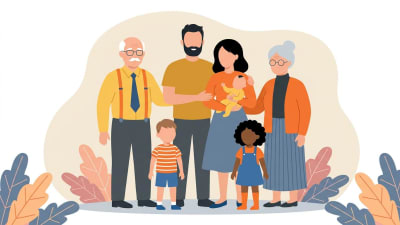 Multi-Generational Family Portrait Illustration  Vector Flat Design