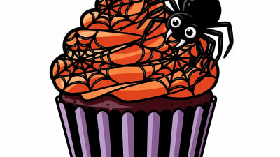 Spooky Halloween Cupcake with Spider and Web Free Vector Illustration