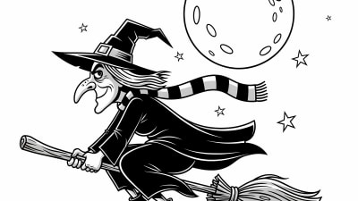 Halloween Witch Flying on Broomstick with Moon Free Vector