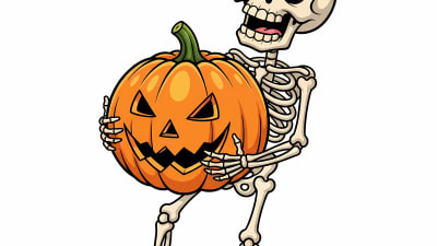 Happy Cartoon Skeleton with Jack o' Lantern Free Vector