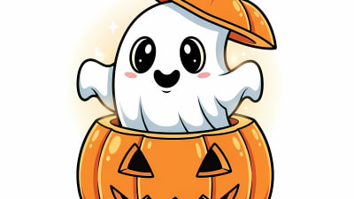 Cute Ghost in Jack O' Lantern Halloween Cartoon Free Vector Illustration