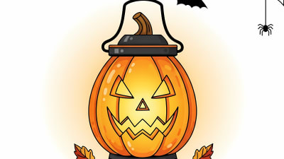 Spooky Halloween Jack o' Lantern with Leaves and Bat Free Vector Illustration