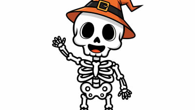 Cute Halloween Skeleton with Witch Hat Waving Free Vector Illustration