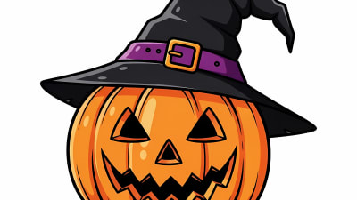 Spooky Jack O' Lantern with Witch Hat Free Vector Illustration