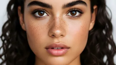 Close up Portrait of a Woman Featuring Freckles and Brown Eyes