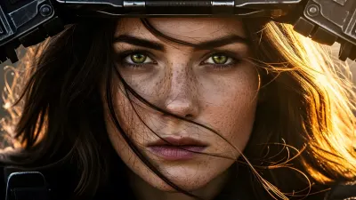 Woman's Portrait with Freckles and Green Eyes, Under Metallic Headgear