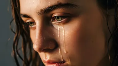Close up of Woman Crying, Featuring Green Eyes and Water Droplets
